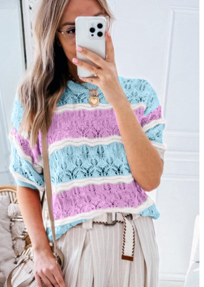 Purple Stripe Color Block Hollow Out Crochet Half Sleeve Sweater