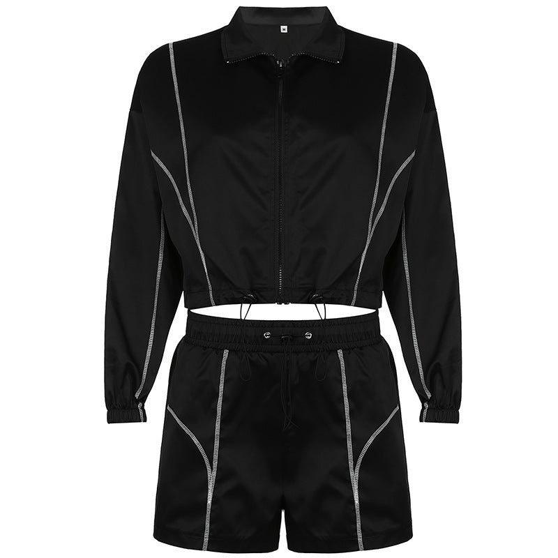 European And American Women's Zipper Cardigan Jacket Shorts Suit