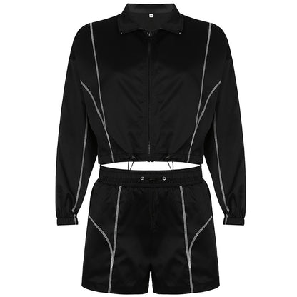European And American Women's Zipper Cardigan Jacket Shorts Suit