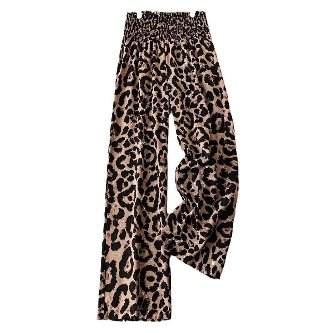 Leopard Print Floral Print Casual Jumpsuit Elastic Waist Loose Wide Leg Pants