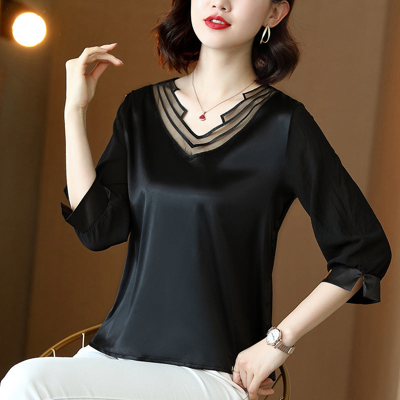 Satin V-neck All-match Slimming Small Shirt Blouse