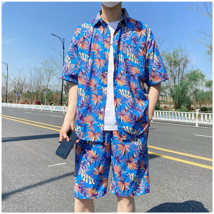 Fashion Ice Silk Short Sleeve Flower Shirt Suit For Men