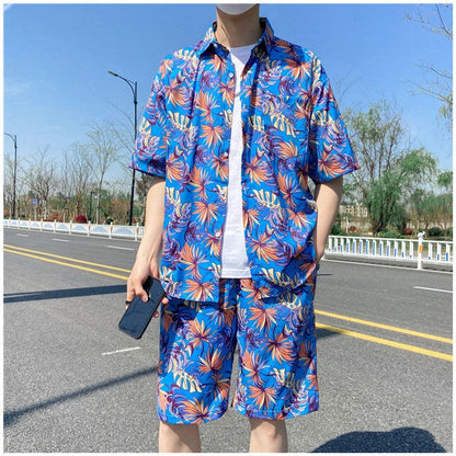 Fashion Ice Silk Short Sleeve Flower Shirt Suit For Men