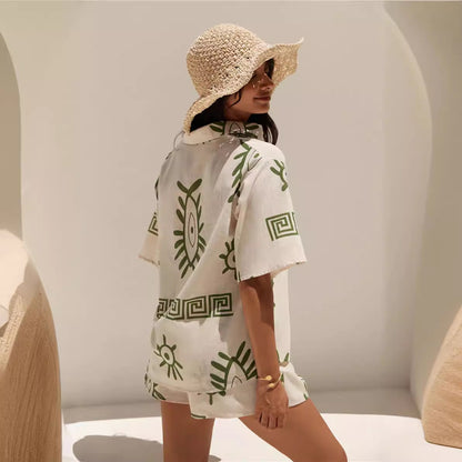 Fashion Women's Printed Loose Shirt Shorts Suit