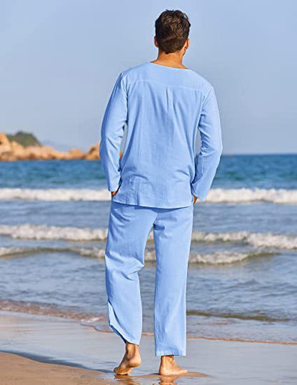 New Men's Casual Solid Color Pocket Elastic Cotton And Linen Suit