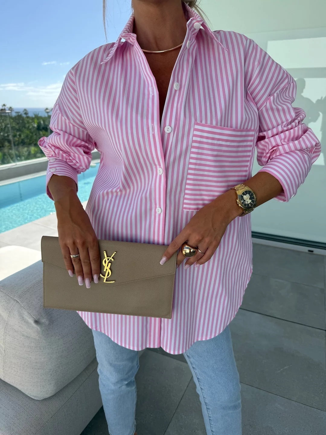 Fashion Casual Button Striped Printed Long Sleeves Shirt