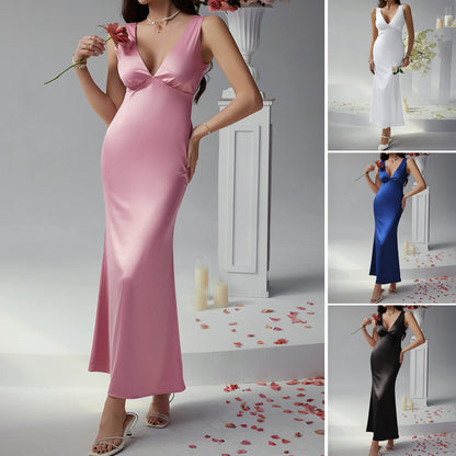 Solid Color Slim Fit Deep V-neck Backless Evening Dress Long Dress