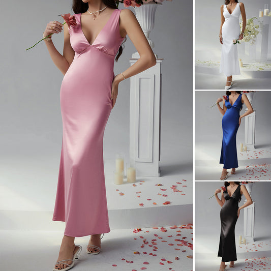 Solid Color Slim Fit Deep V-neck Backless Evening Dress Long Dress
