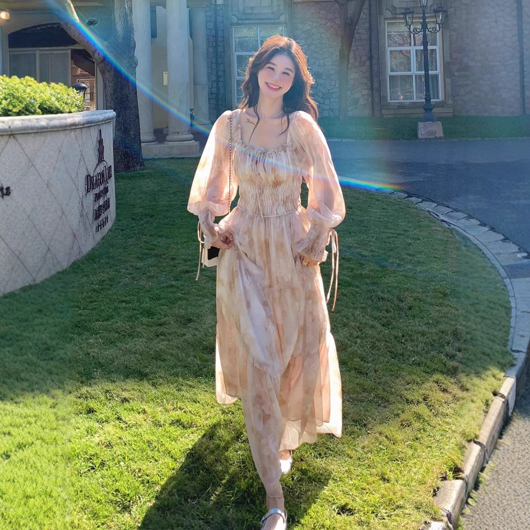 French Square Collar Puff Sleeve Chiffon Floral Dress Women