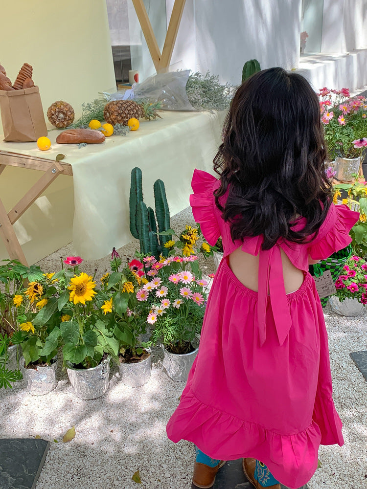 Girls Backless Bow Dress Flounced Sleeve Ruffles