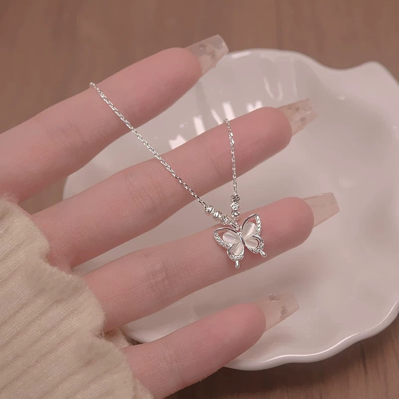 Women's Square Line Opal Butterfly Necklace