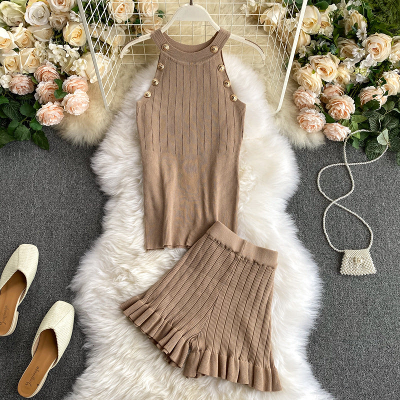 Short Waist Trousers Camisole Vest Off-the-shoulder Sling All-match High-knit Suit