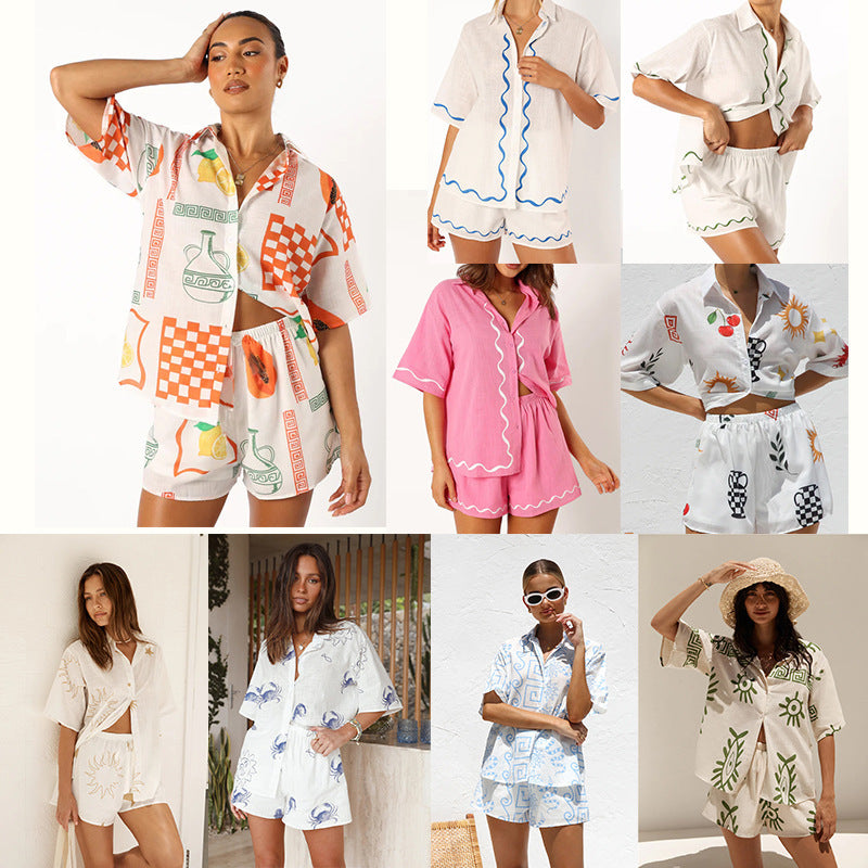 Fashion Women's Printed Loose Shirt Shorts Suit