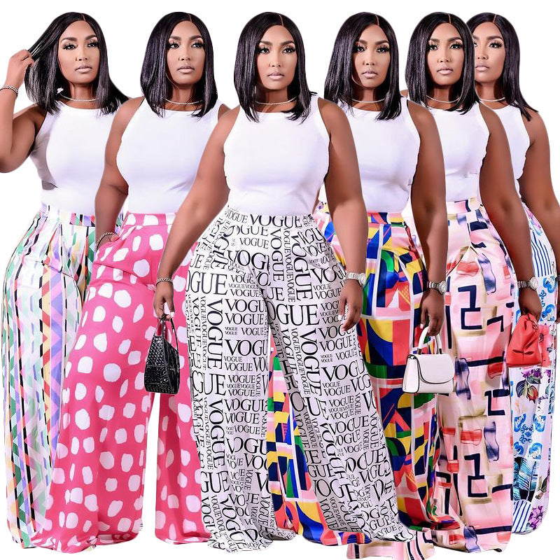 Casual Letters Geometric Flower Print Stretch Waist Wide-leg Pants Women's Trousers