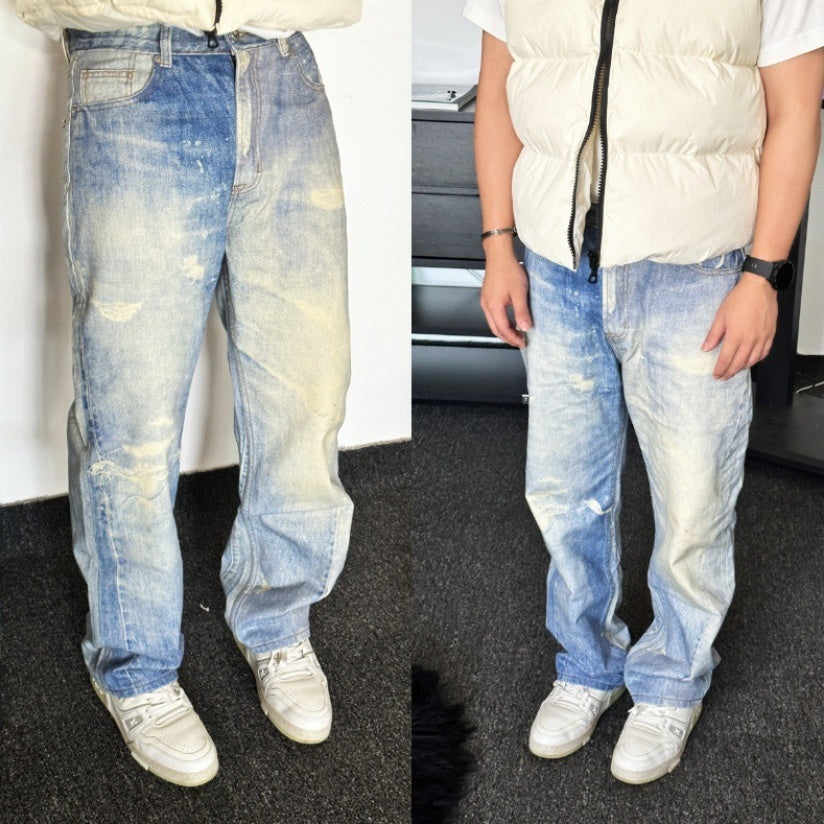 Digital Printed Jeans Gray White Washed Distressed Trousers