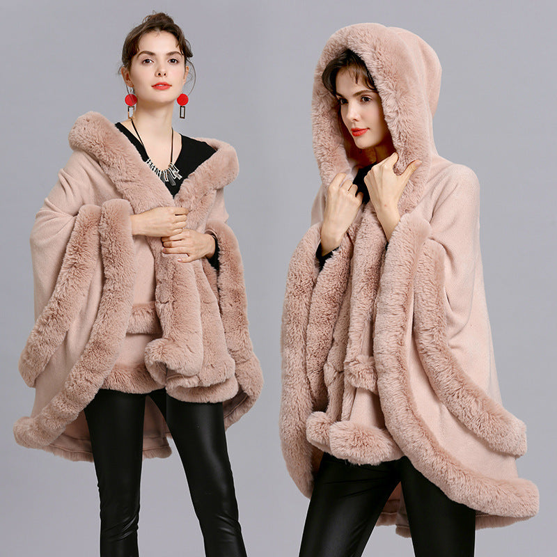 Faux Fox Fur Collar Fur Hooded Knit Cardigan Cape Cape Jacket