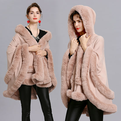 Faux Fox Fur Collar Fur Hooded Knit Cardigan Cape Cape Jacket