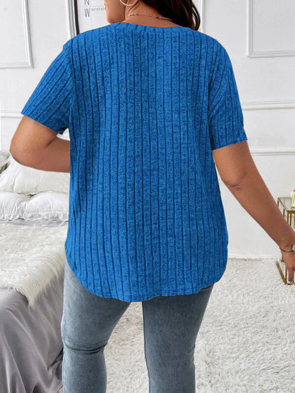 Solid Color Plus Size Women's Clothes Top V-neck Sunken Stripe Short Sleeve T-shirt