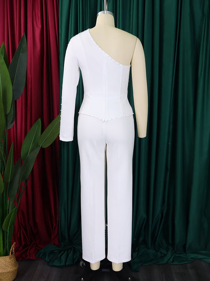 Women's Fashion Temperament Diagonal Shoulder Beaded Ol Two-piece Set