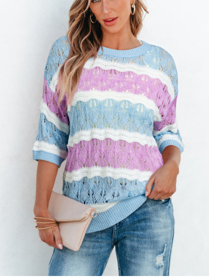 Purple Stripe Color Block Hollow Out Crochet Half Sleeve Sweater