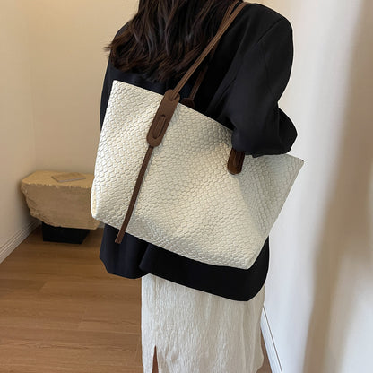 Large Capacity Woven Shouder Bgas Women Versatile Retro Textured Solid Color Totes