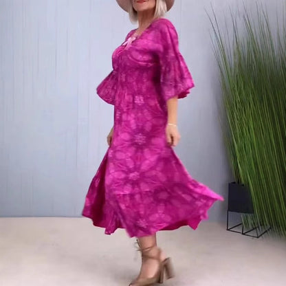 European American Fashion Floral Print V-neck Elegant Dress