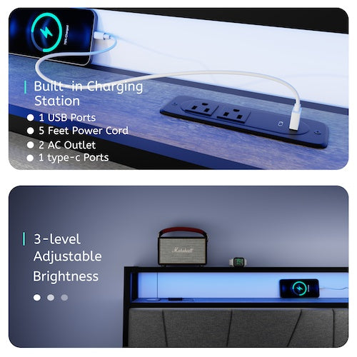 Full Bed Frame With Storage, Ergonomic Headboard, Bed Frame With 2 Storage Drawers, Built In Charging Station & LED, Outlets & USB, Full Size, Noise Free, No Box Spring Needed, Rustic Brown