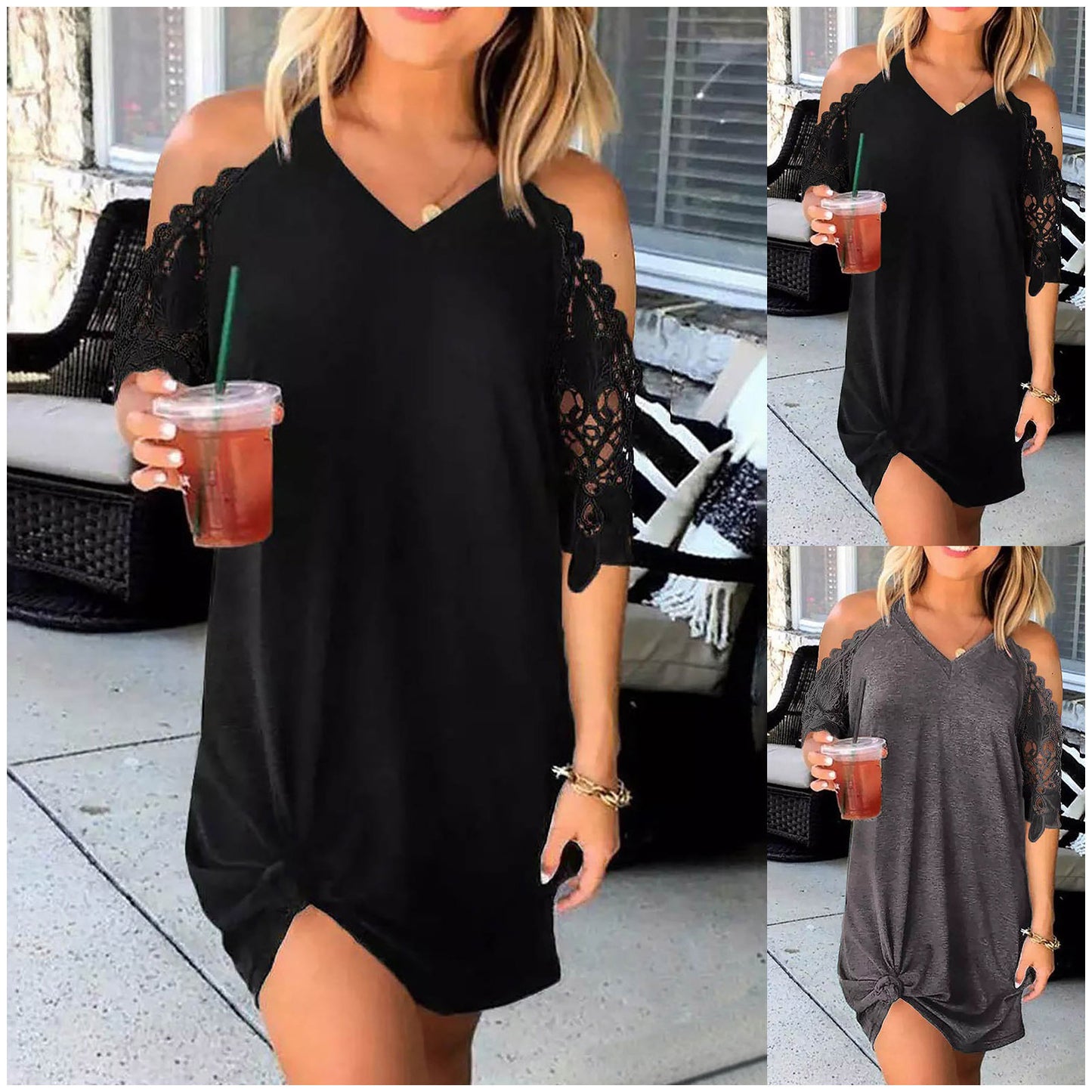 Women's Lace Patchwork Cold-shoulder V-neck Solid Color Dress