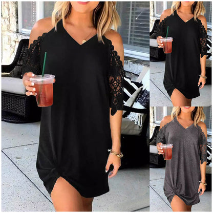 Women's Lace Patchwork Cold-shoulder V-neck Solid Color Dress