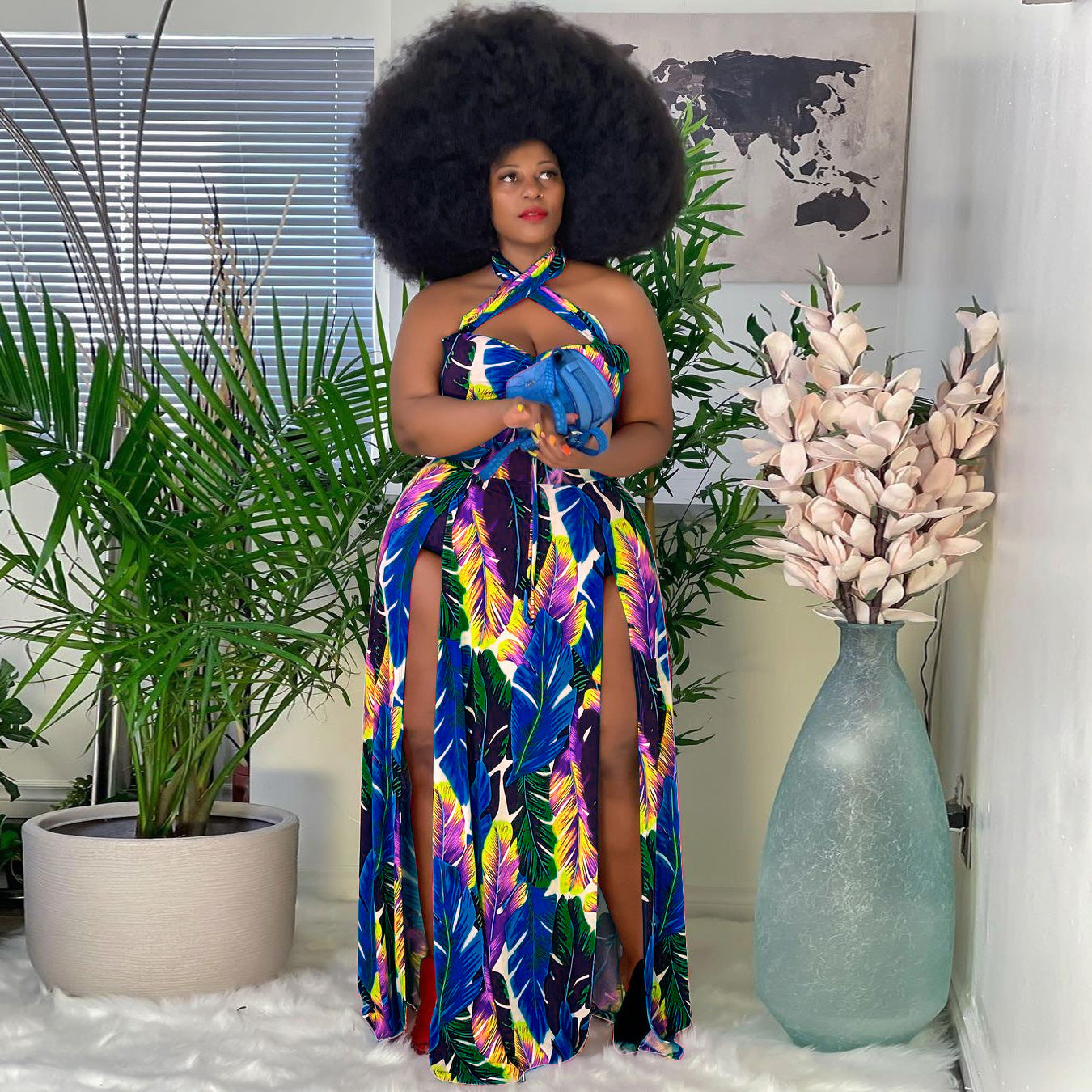 Ladies Fashion Print Halter Slit Dress