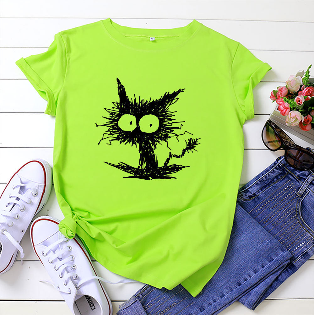 Spot Amazon Ebay European And American Fashion Cross-border Hot Sale Cat Printing Casual Cotton Short Sleeve T-shirt Women's Clothing
