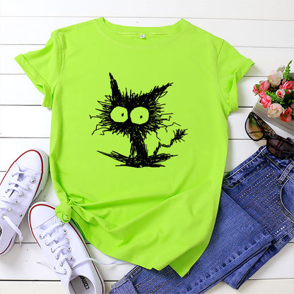Spot Amazon Ebay European And American Fashion Cross-border Hot Sale Cat Printing Casual Cotton Short Sleeve T-shirt Women's Clothing