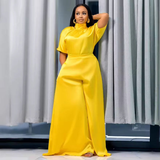 Satin Silky Strap Flounced Sleeve Wide Leg Two-piece Set