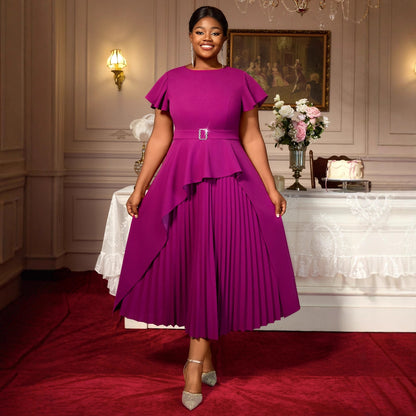 Women's Round Neck Short Sleeve Ruffled Long Pleated Dress