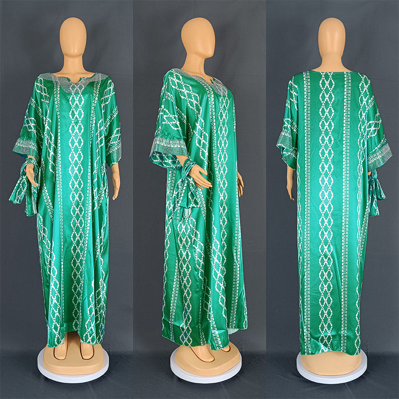 Middle East Striped Loose Robe African Dubai Arabic Satin Hot Drilling Stitching Dress