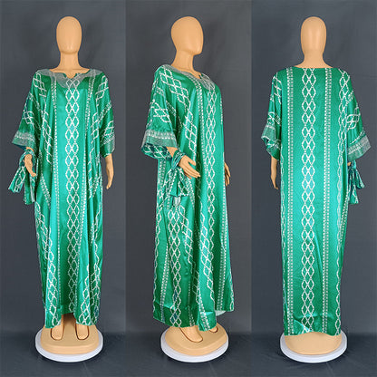 Middle East Striped Loose Robe African Dubai Arabic Satin Hot Drilling Stitching Dress