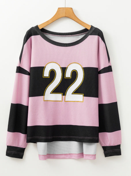 Stripe Color Block Number 22 Print Game Day Loose Long Sleeve Top