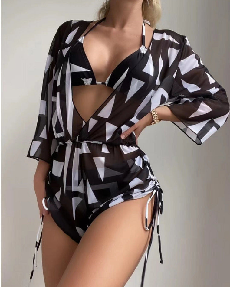 Three-piece Split Swimsuit Printed Ins Halter Lace-up Swimsuit