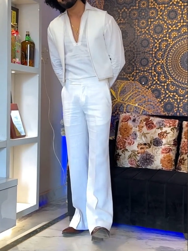 White Three - Piece Outfit-V - Neck Inner Shirt & Sleeveless Vest & Trousers