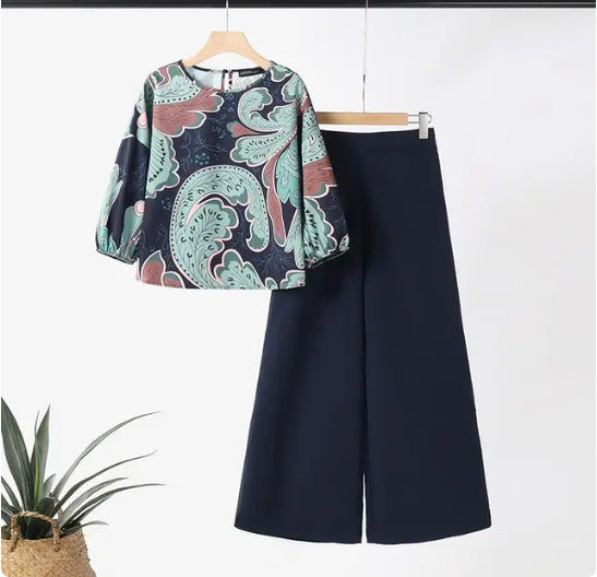 Summer Floral Print Top Wide Leg Pants Sportswear Fashion Loose Match Suit