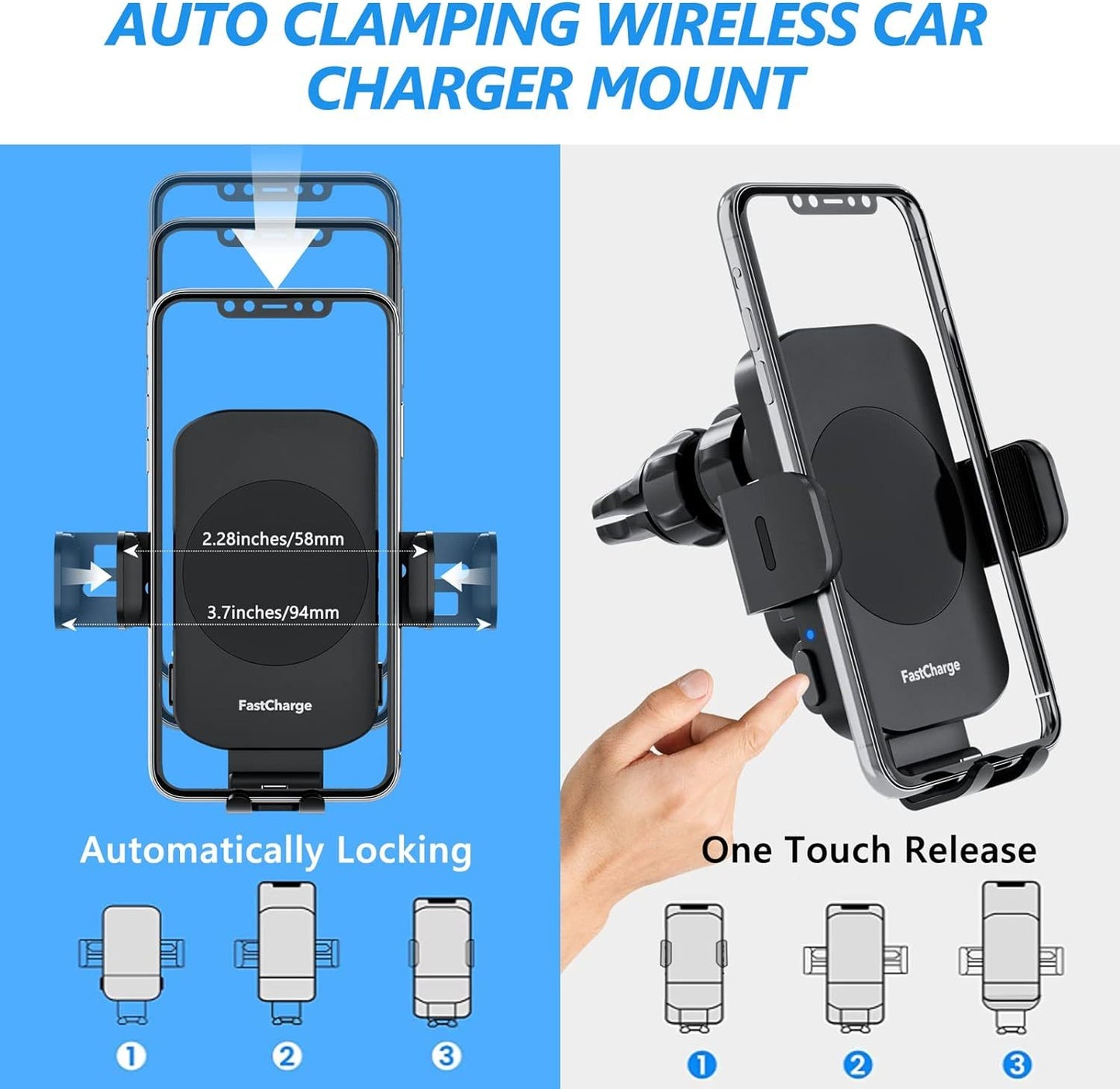 Wireless Car Charger, Fast Charging 15W Auto Clamping Car Charger Phone Holder Phone Mount