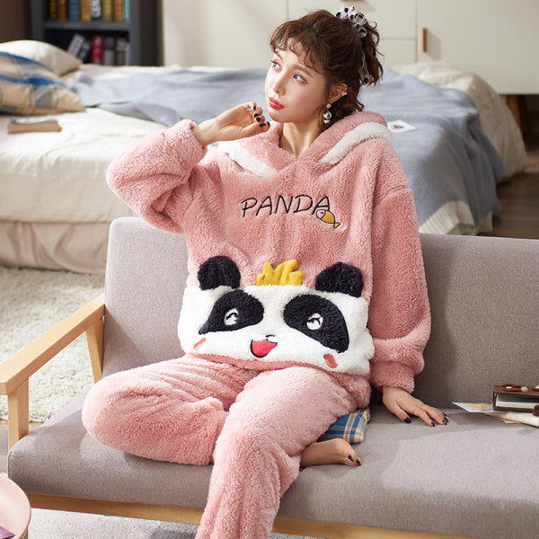 Pajamas Women Winter Plush Coral Fleece Korean Style Long Sleeves