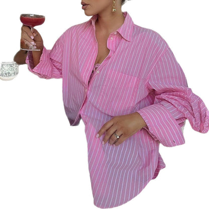 Loose Printed Striped Contrast Color Long Sleeves Women's Clothing