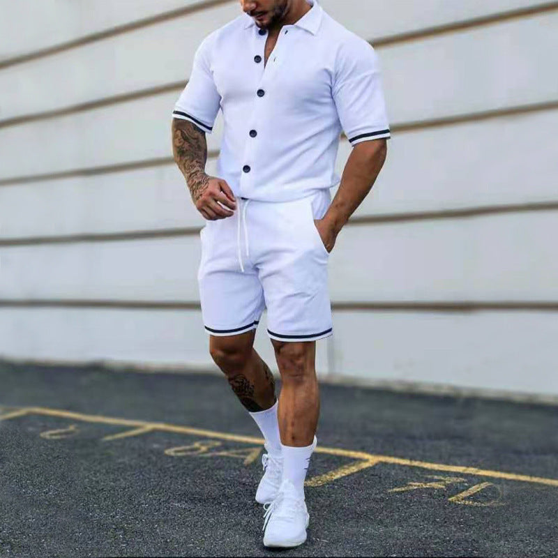 Men's Exercise New Solid Color Lapel Button Short-sleeved Shirt And Shorts Suit