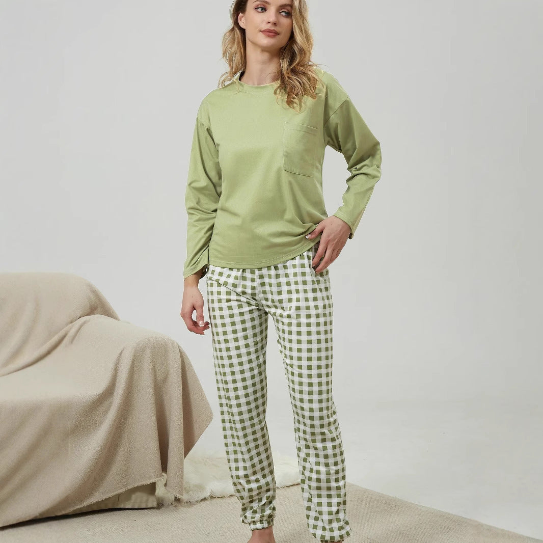 Plaid Printed Pocket Round Neck Long Pajamas Suit