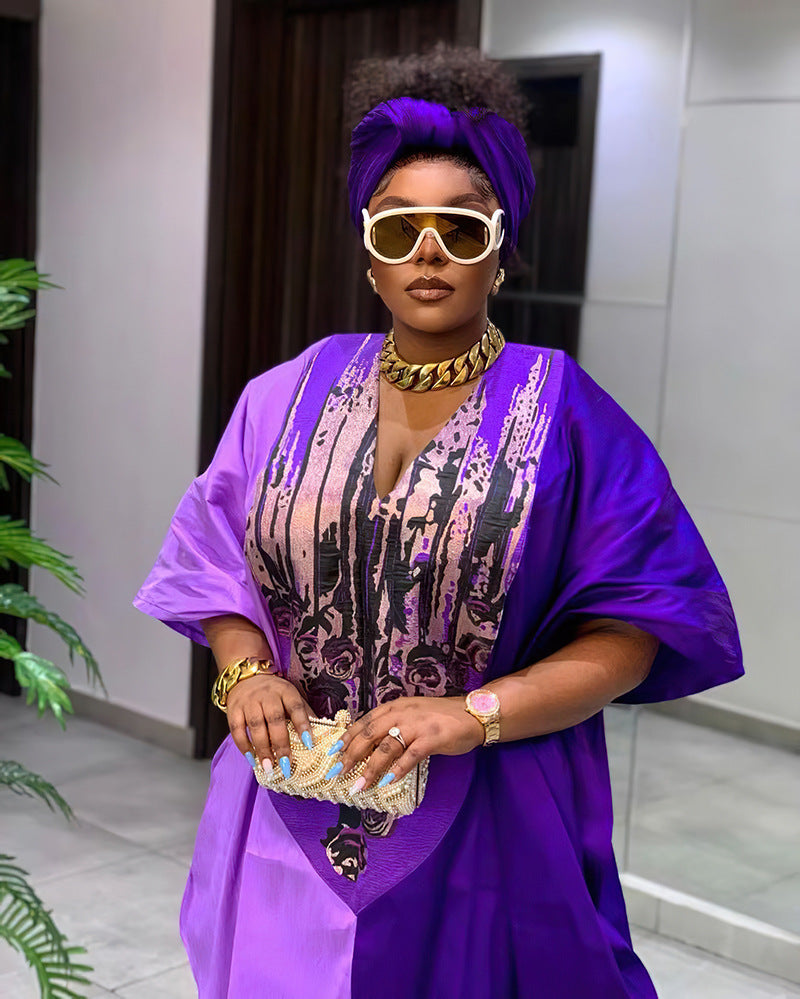 African Ethnic Style Loose Headscarf Plus Size Color-matching Dress