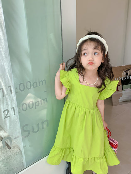 Girls Backless Bow Dress Flounced Sleeve Ruffles