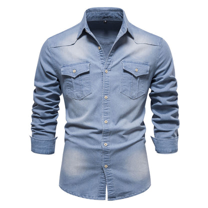 Men's Long-sleeved Denim Shirt Casual Solid Button Slim Tops Clothing