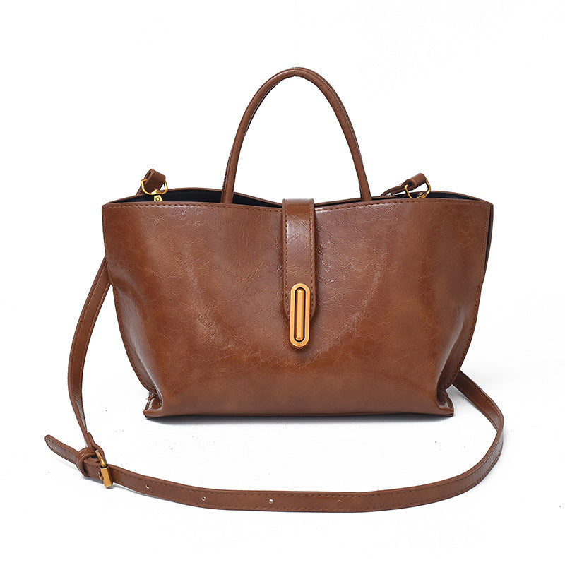 Simple Elegant Oil Wax Leather Portable Bucket Bag
