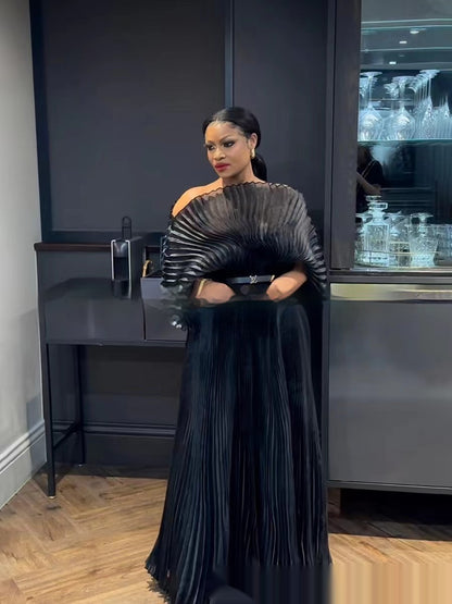 Solid Color Heavy Handmade Puff Sleeve Round Neck Belt Pleated Dress Women